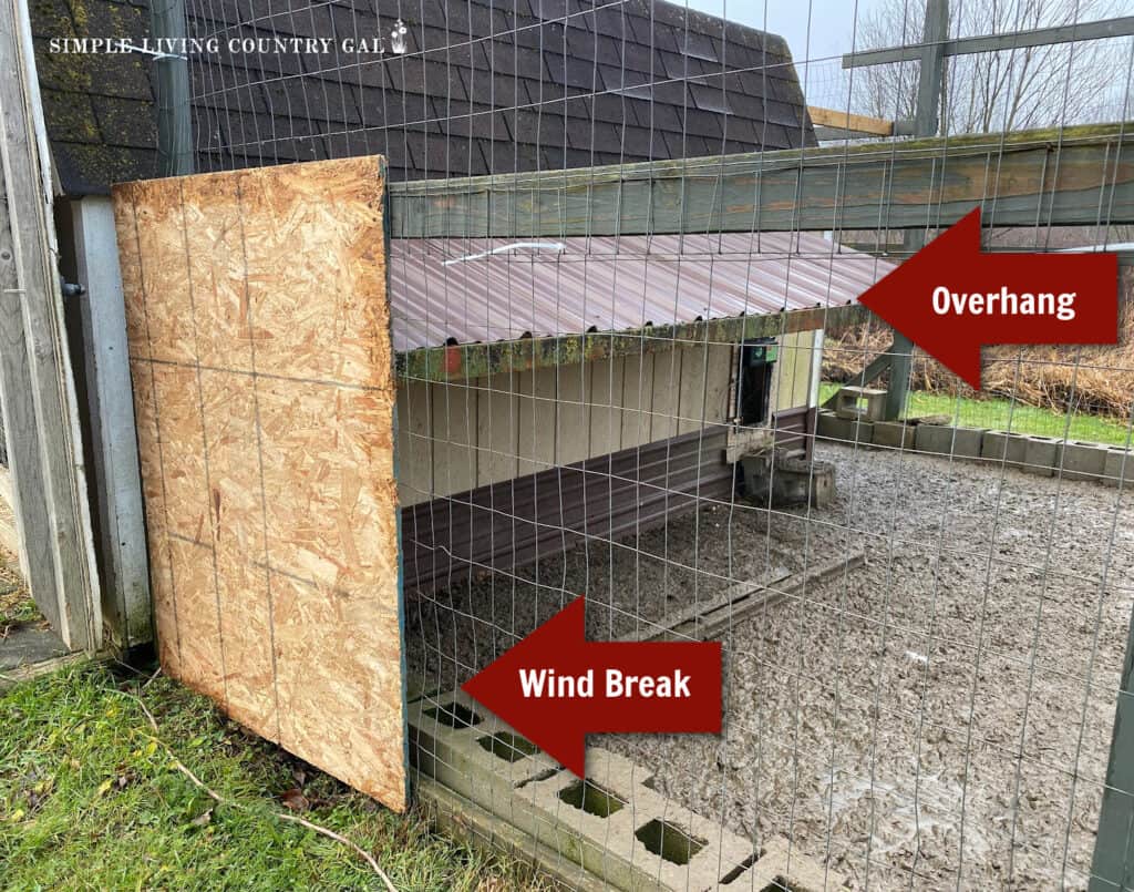 a board and an overhang in a chicken run next to a coop