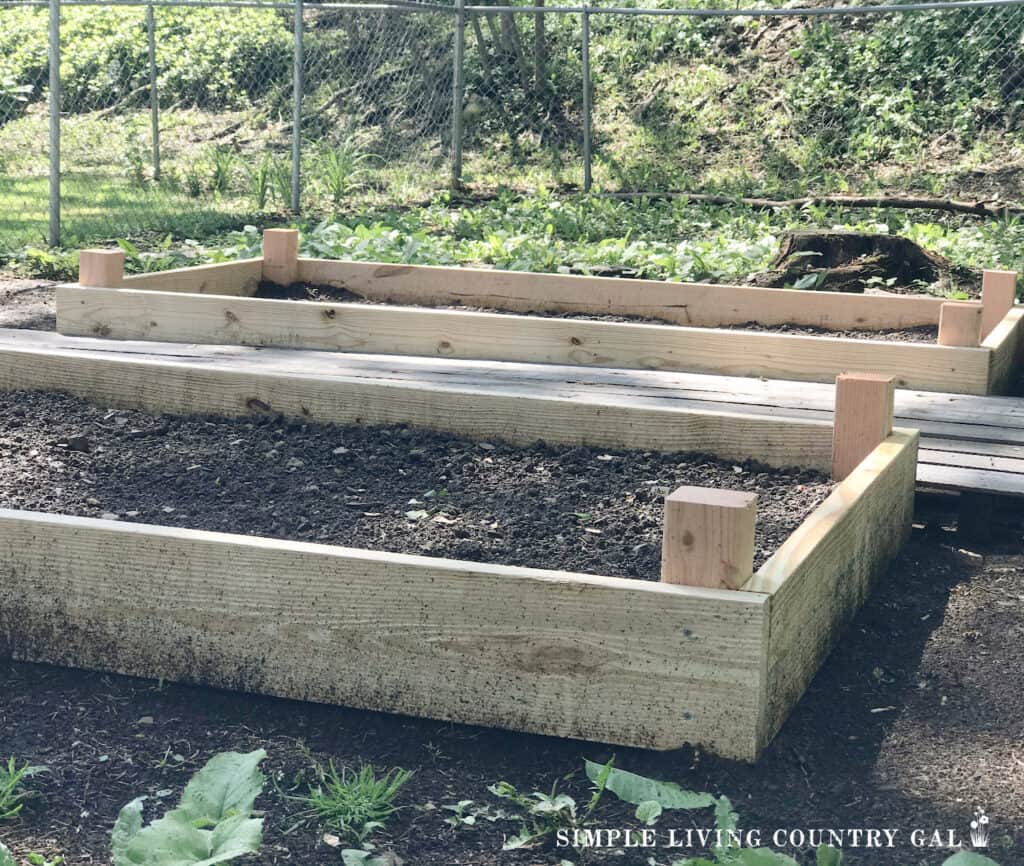 two raised gardening beds filled with soil ready to plant