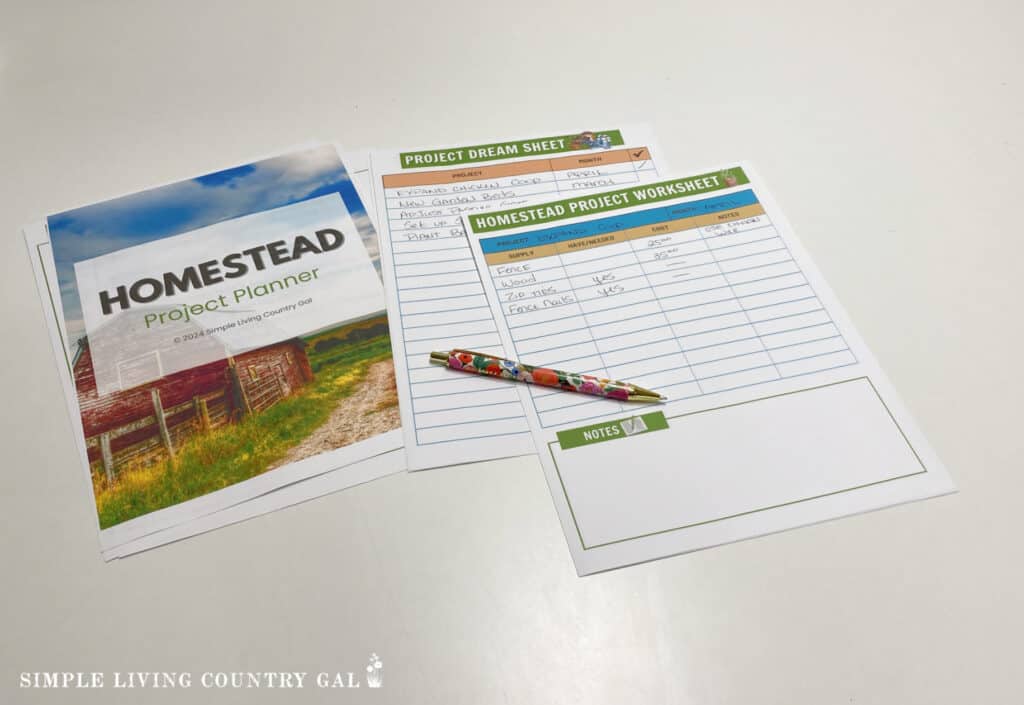 papers on a table with a pen called homestead project planner