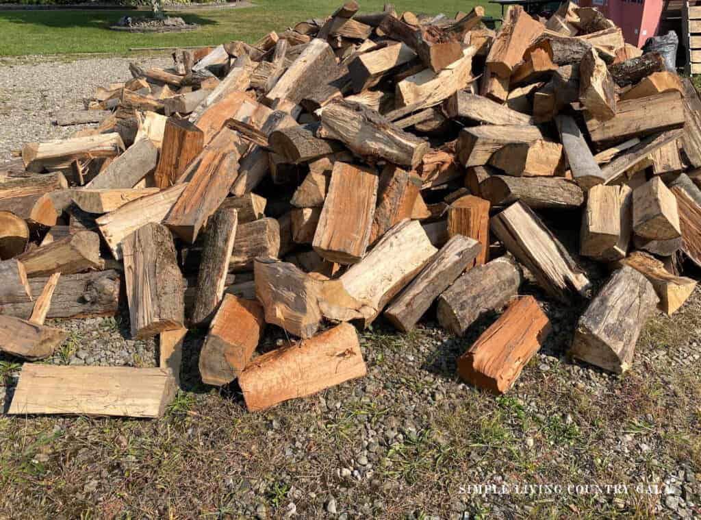 a pile of cut firewood on a homestead