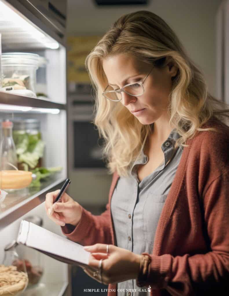 a woman making a shopping list for a weekly menu in front of a fridge 