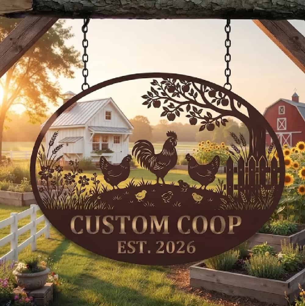 a metal chicken sign in front of an AI farm scene
