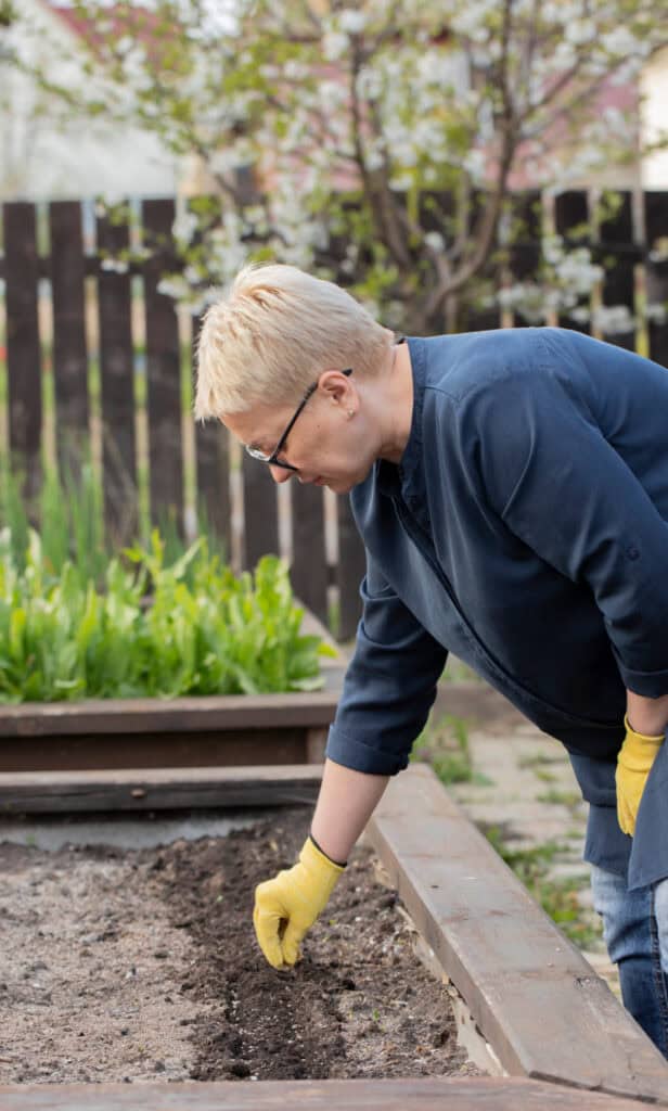 a midlife woman planting seeds in a raised bed