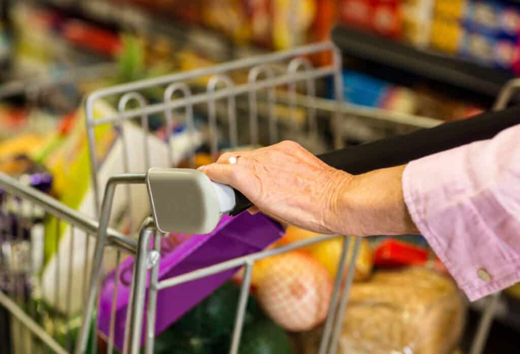a closeup of a hand pushing a cart in a grocery store