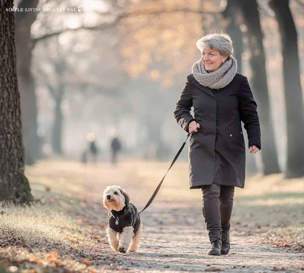 a middle age woman walking her dog in a park