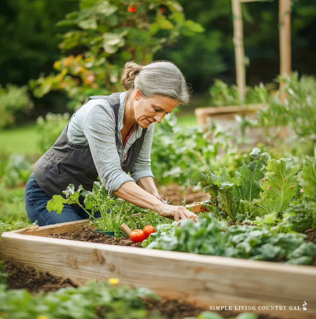 a midlife woman working in a raised bed garden