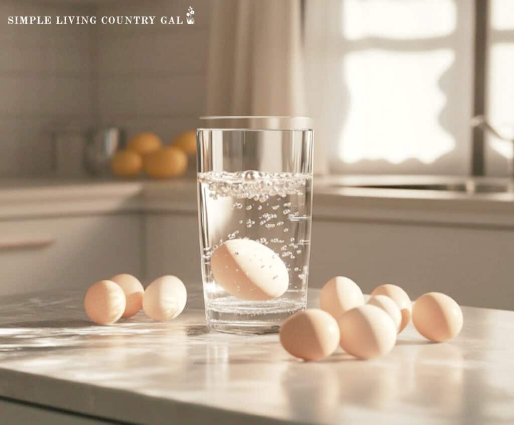 eggs on a counter with one in a glass of water sitting at the bottom