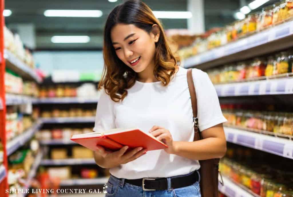 a woman looking at a price book standing in a grocery store