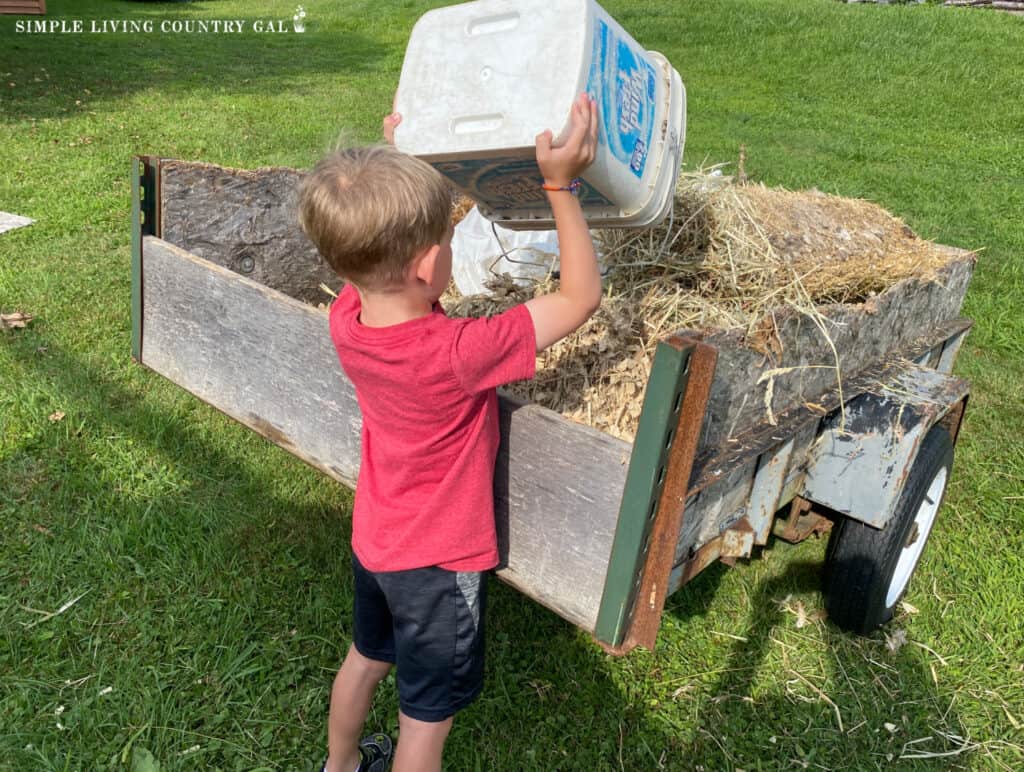 a little boy in red dumping soiled bedding from a coop into a wagon