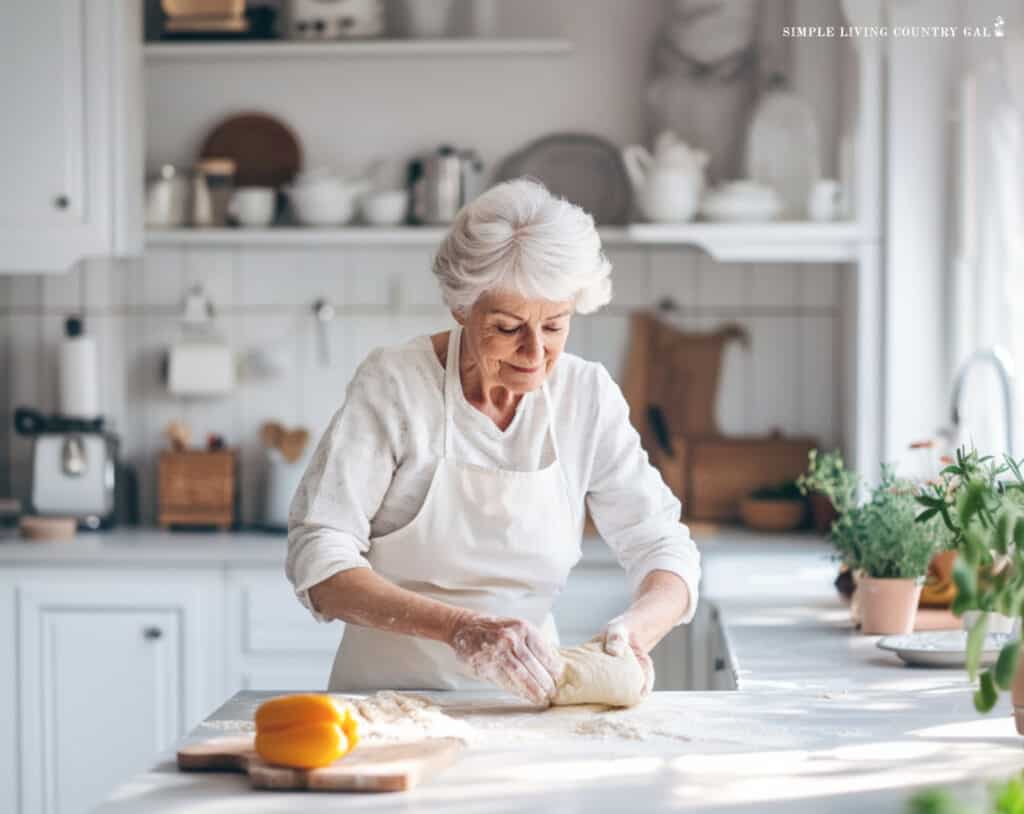 a senior woman kneading dough on a flowered counter