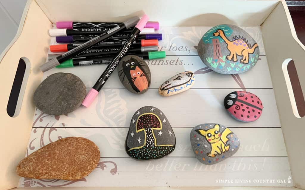 a tray of painted rocks next to markers