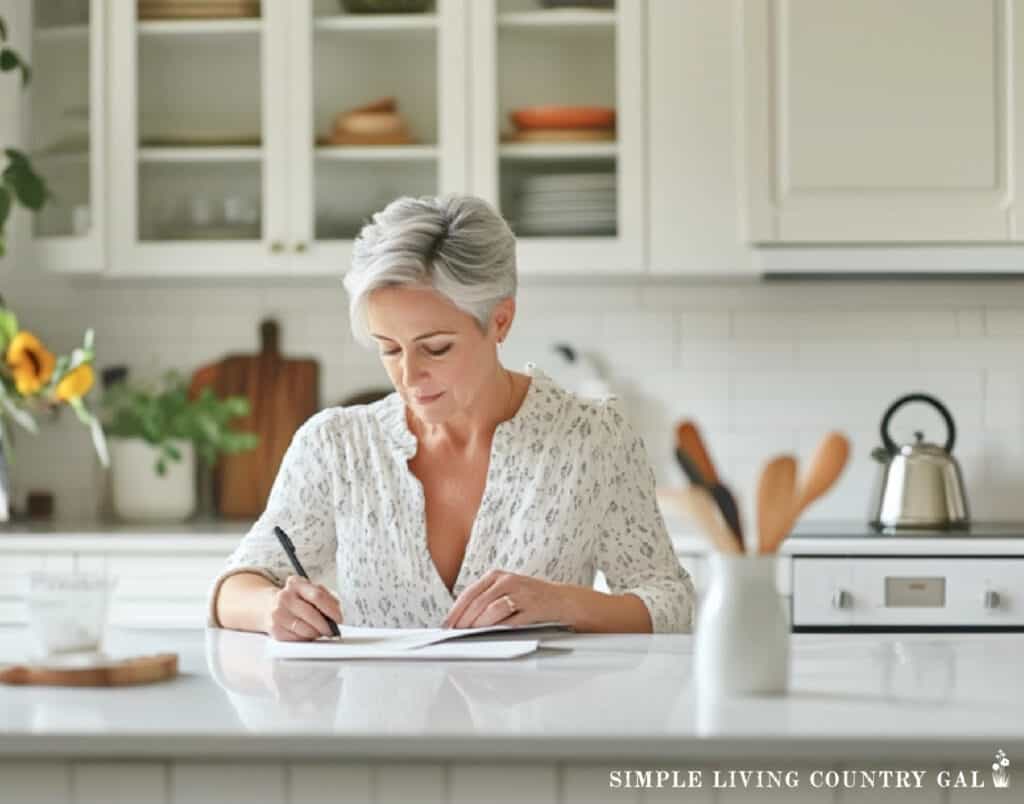 a woman sitting in a kitchen writing on a piece of paper