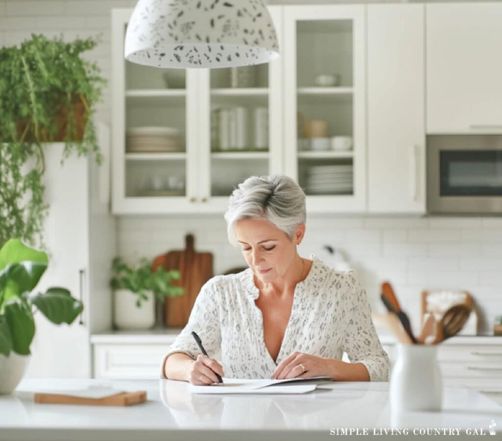 a midlife woman at a kitchen table checking things off her to do list