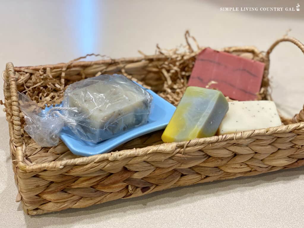 fresh goat milk soap in a brown whicker basket