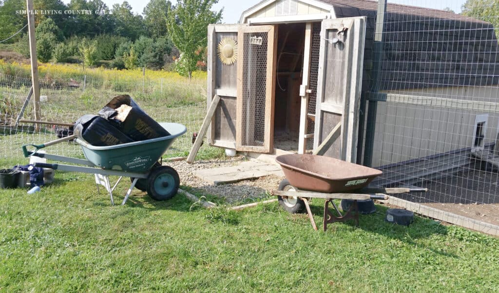 an open coop with wheelbarrows and bedding ready to clean