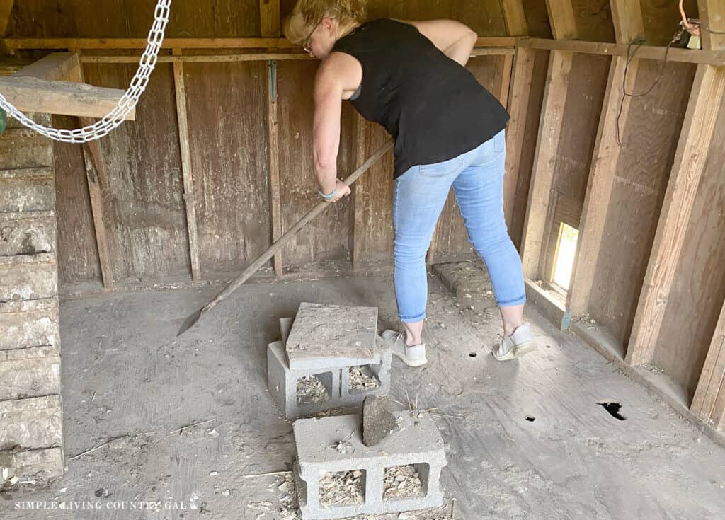 a woman using a scraper to clean the floor of a chicken coop