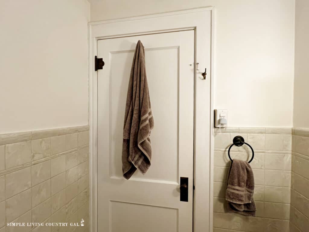 A TOWEL HANGING ON A HOOK ON A WHITE BATHROOM DOOR