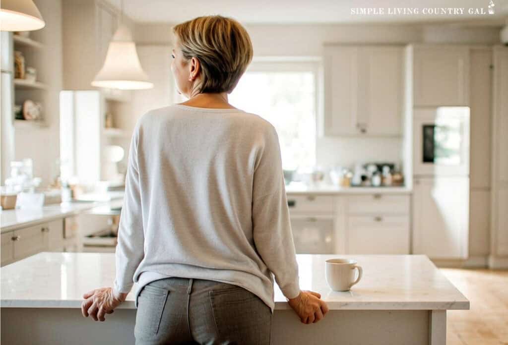 Midlife woman looking off to the side next to her coffee in a neat kitchen