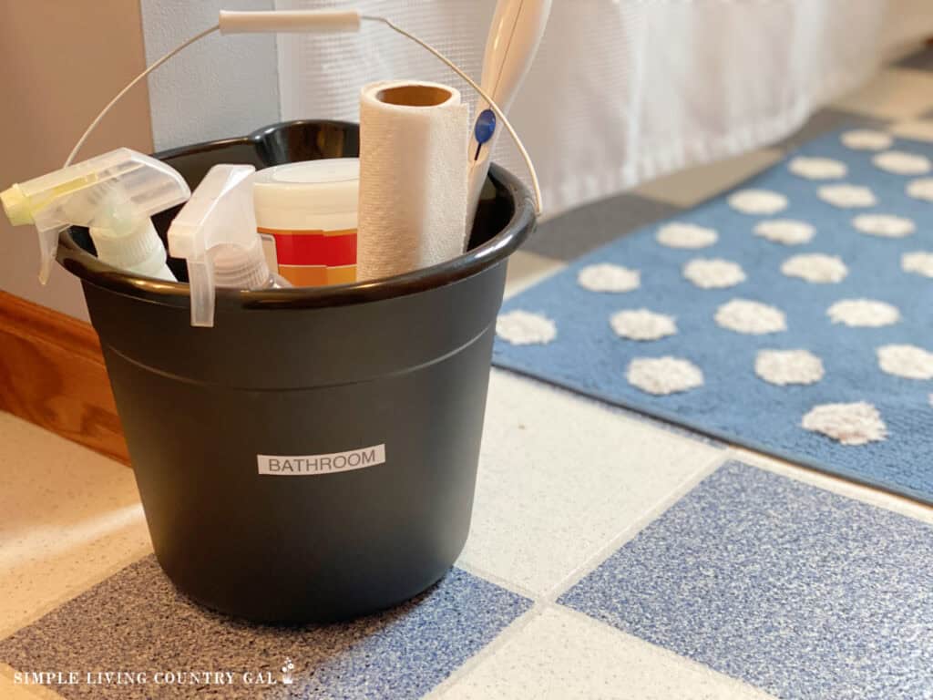 Bathroom cleaning supplies in a black bucket for frugal household management.