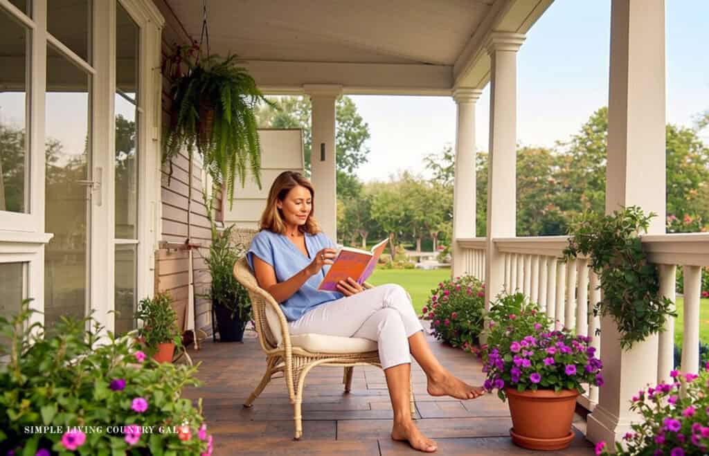 a midlife woman enjoying a book on a country porch
