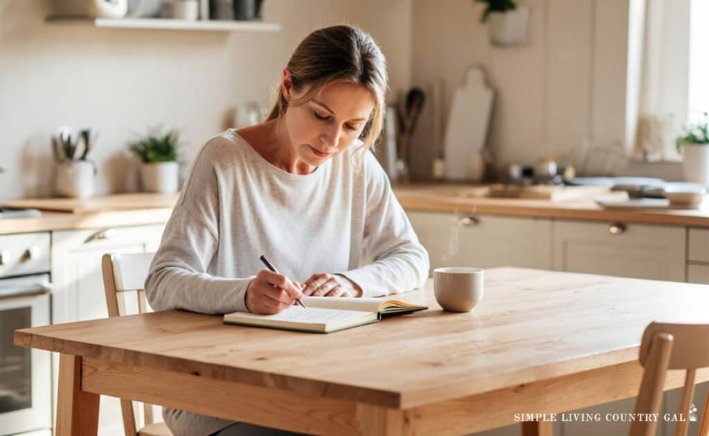 a midlife woman writing in a notebook in a neat kitchen