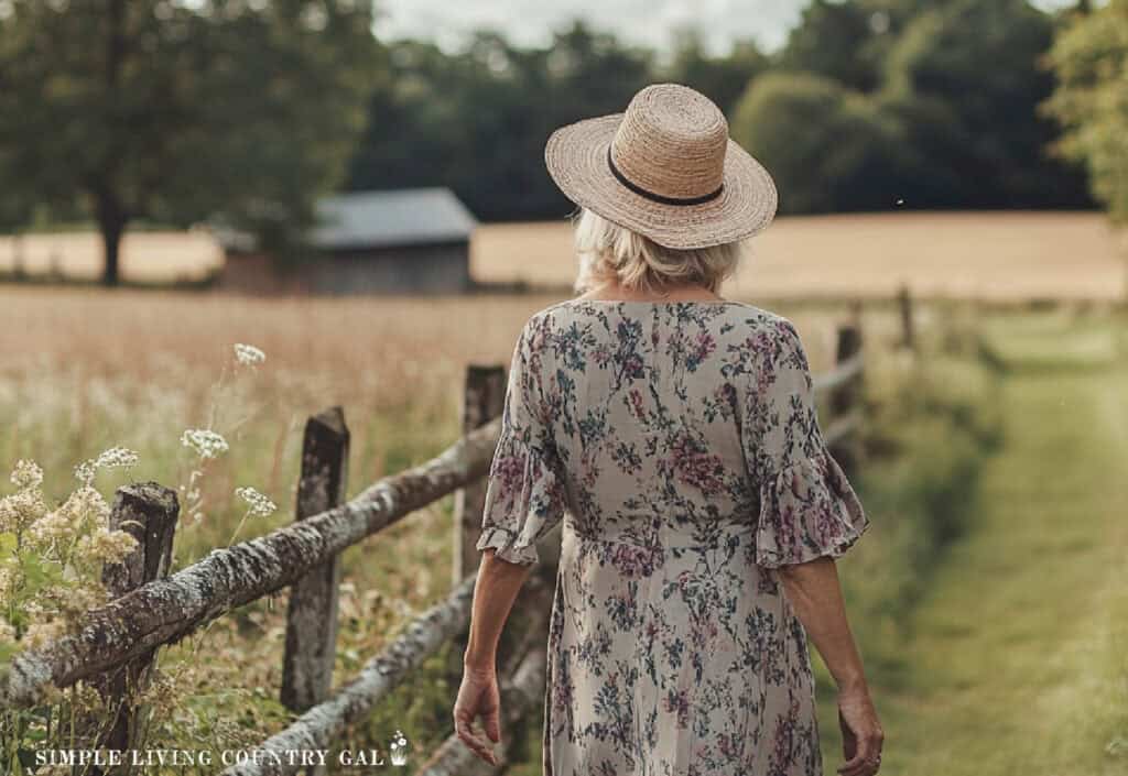 a woman walking a fence in a field